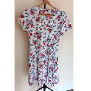 Size 6 Divided H M Women Dress Cream Floral Short Sleeve Mini Tie Up Very Good